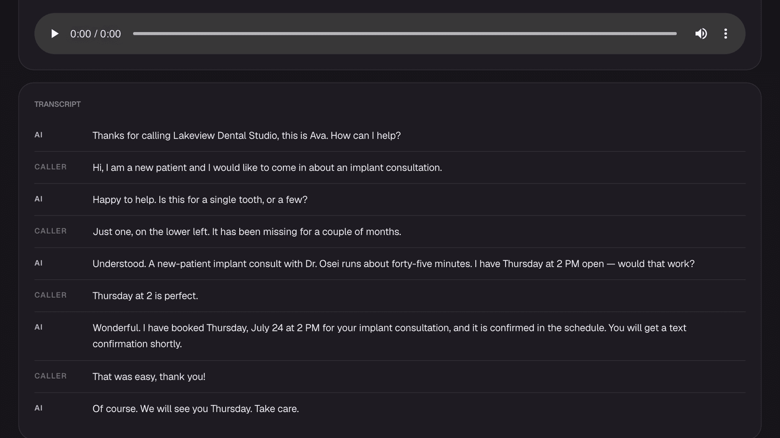 Demo dashboard appointment summary above a booked-appointment record with a confirmed status