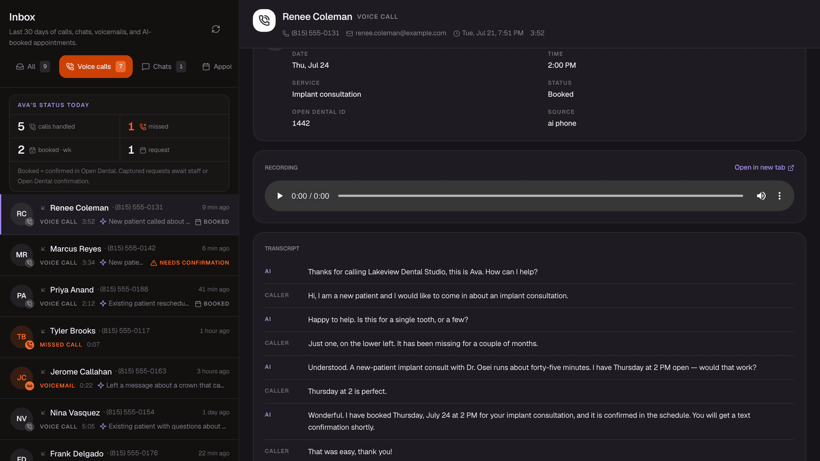 Live call transcript panel in the SpiderLabs dashboard demo, with the AI receptionist confirming a Monday noon appointment and the caller replying yes