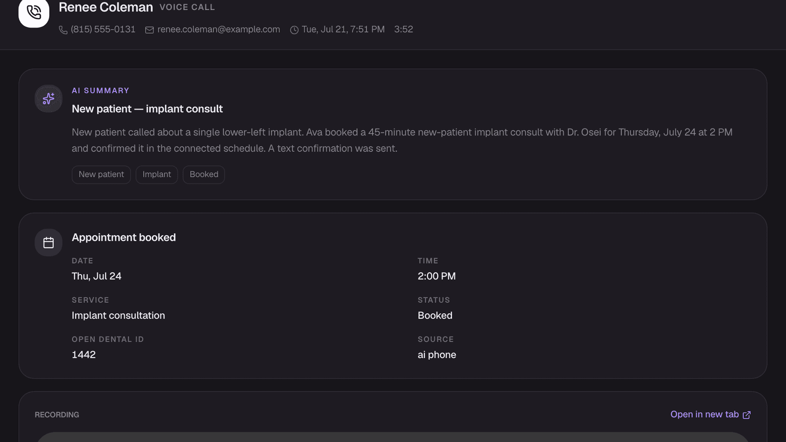 Demo dashboard booked-appointment record with date, time, service, and a confirmed status