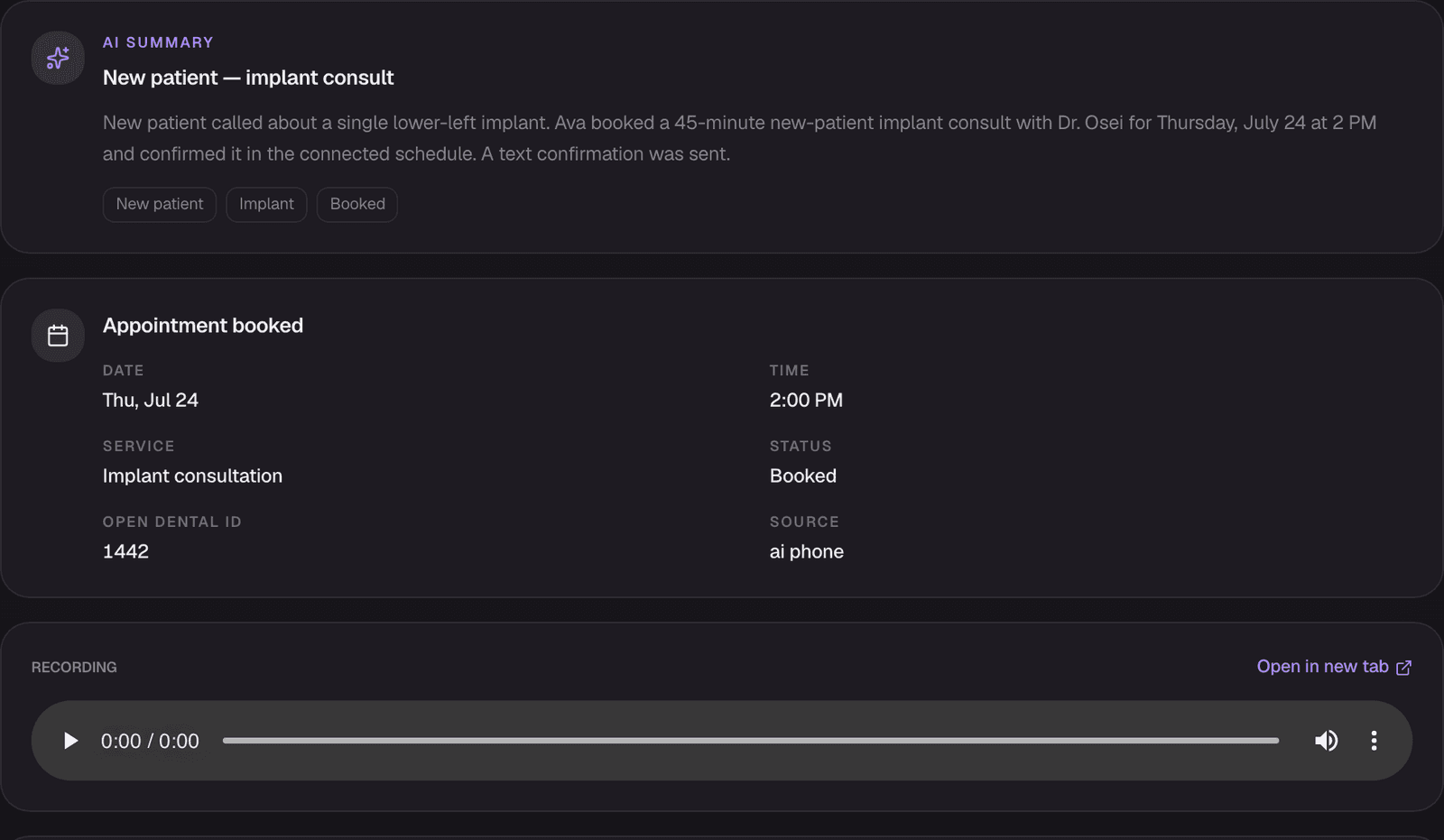 Detail of the AI appointment summary and the appointment booked record with date, time, service, and confirmed status
