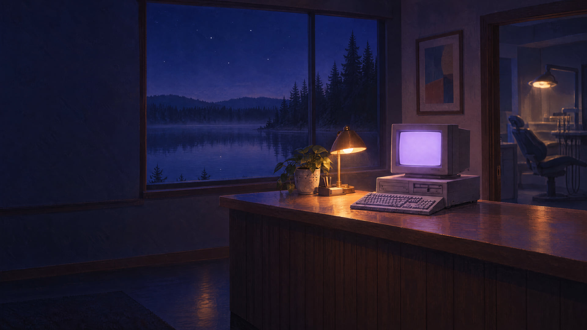 A vintage computer glowing on the reception counter of a dental office at night, a lake outside the window.