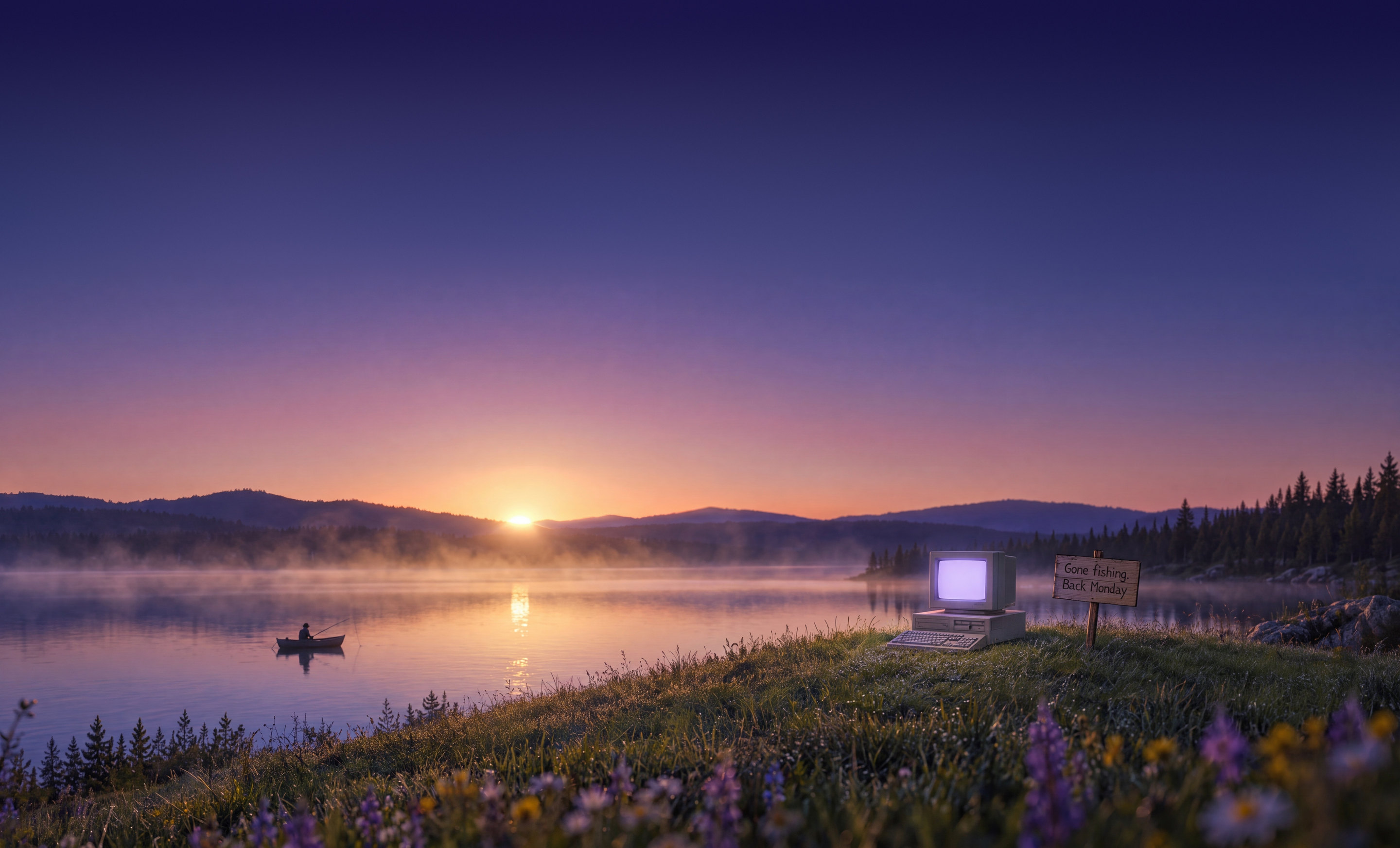 Sunrise over a misty lake. A man fishes from a small boat; on the grassy shore an old beige computer glows beside a hand painted sign that reads Gone fishing, back Monday.