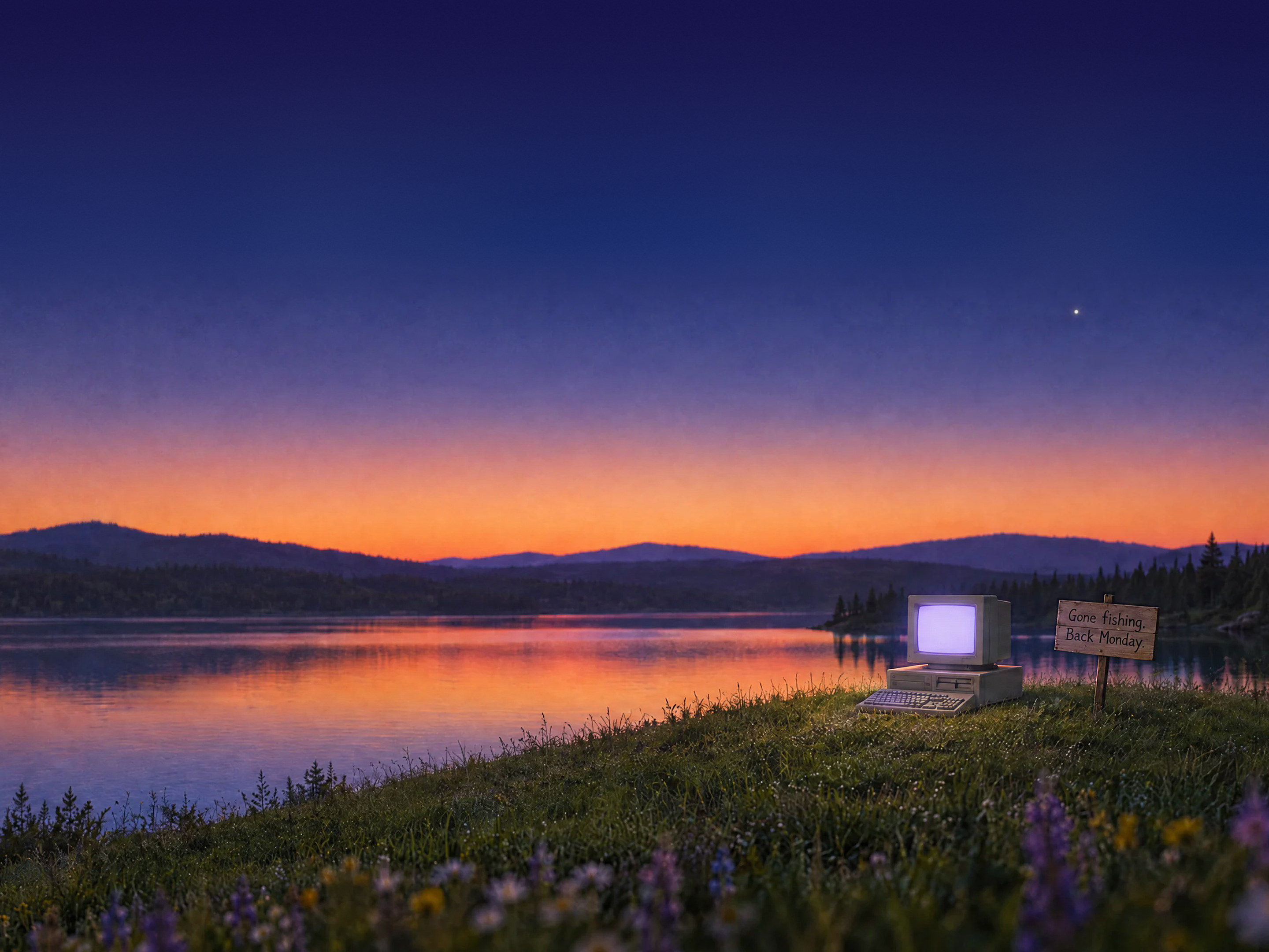The lake at sunset. A man fishes from a small boat; on the shore an old beige computer glows beside a hand-painted sign: Gone fishing, back Monday.