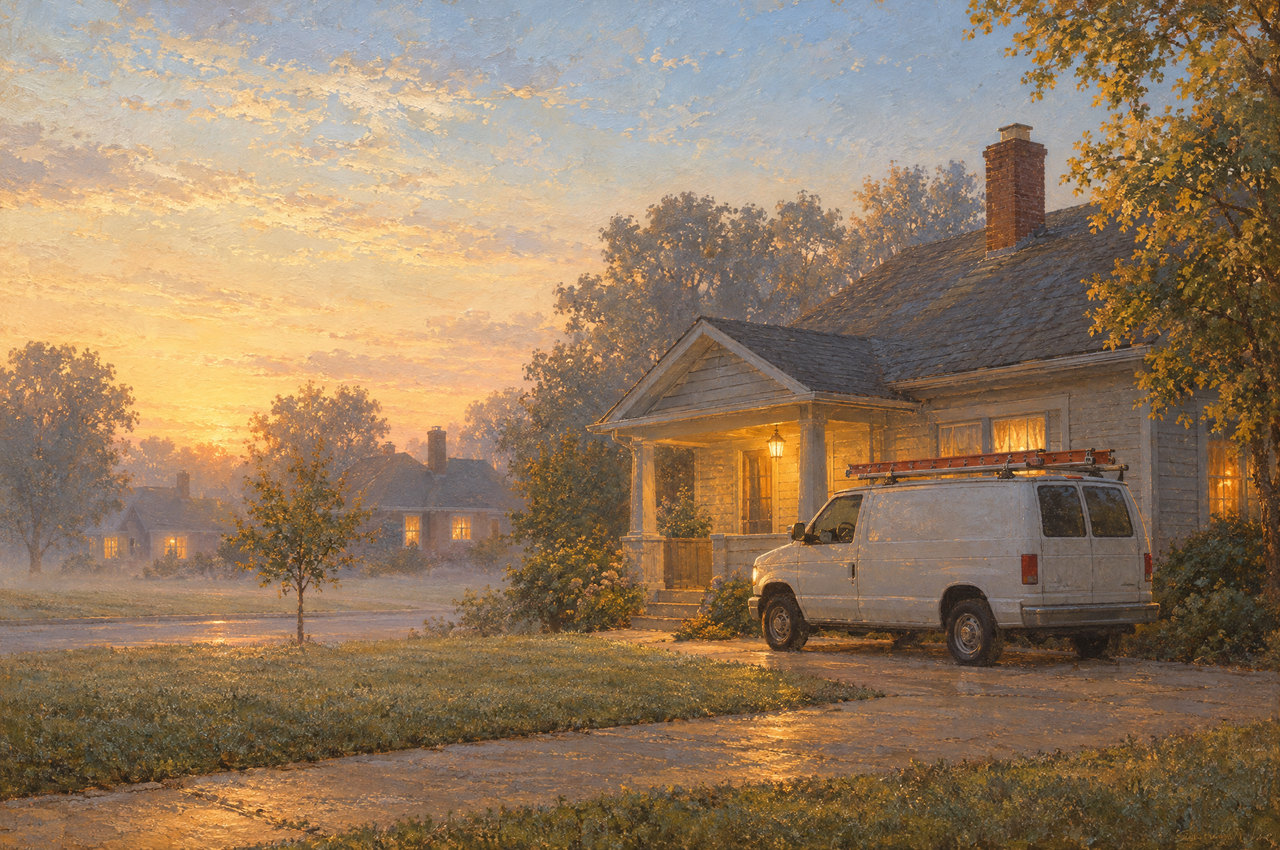 Painting of a Northside Plumbing van outside a house at dawn