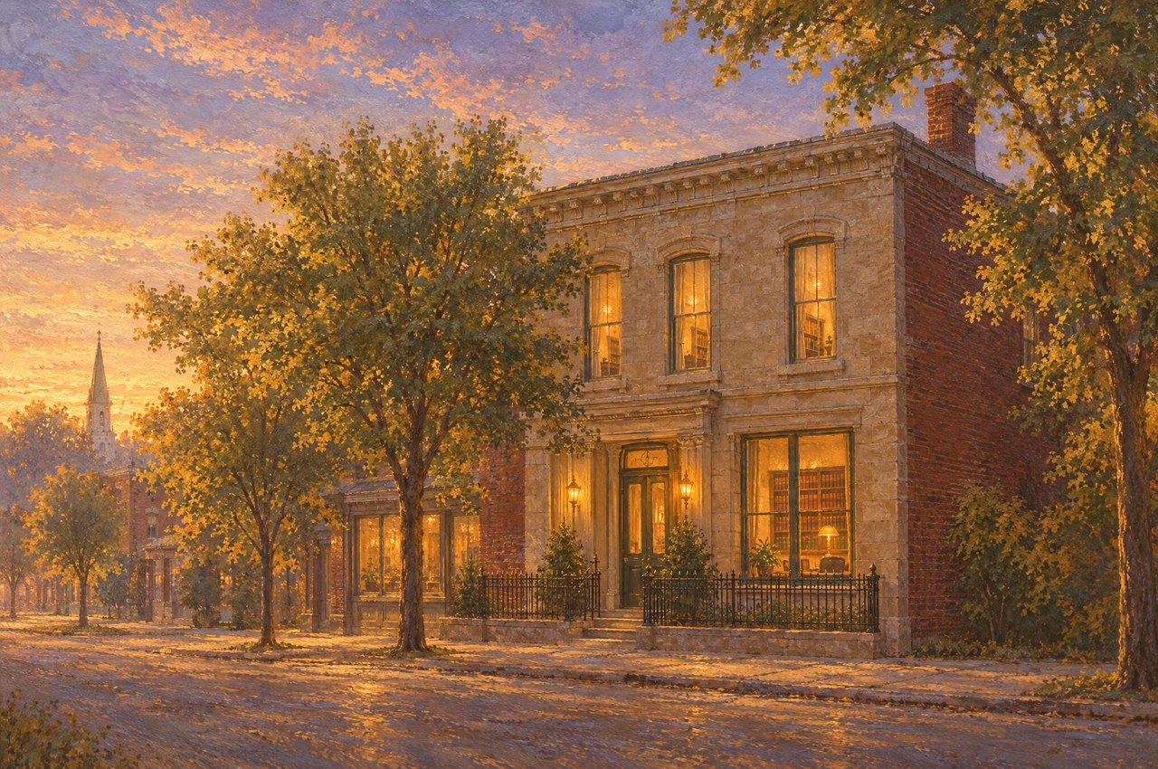Painting of the Harbor and Pine Law office at dusk