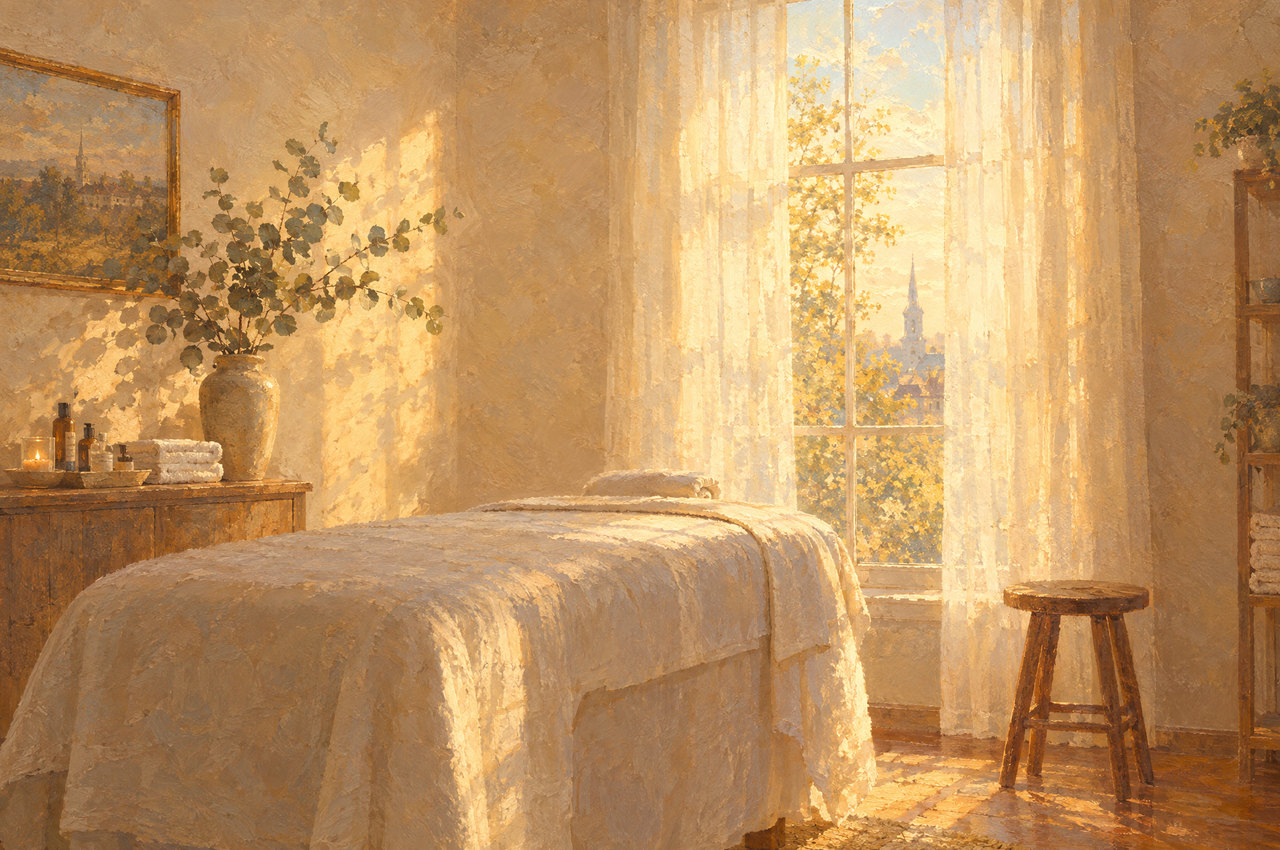 Painting of a sunlit treatment room at Juniper Skin and Laser