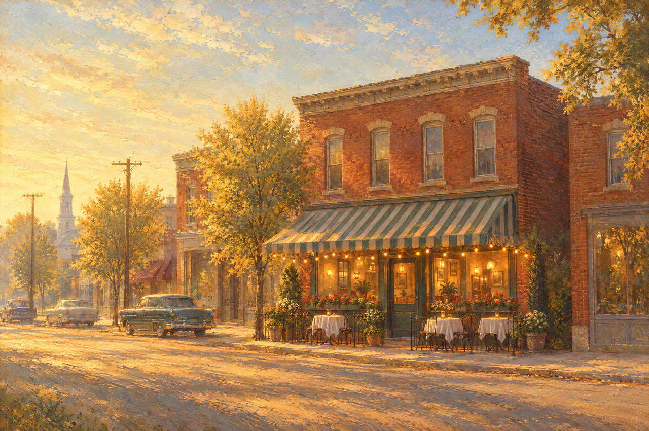 Painting of Trattoria Sole on Main Street in the afternoon